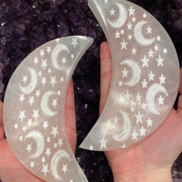 Selenite Moon Etched Charging Plate, Home Decor, Office Art, Boho Decorations - Picture 3 of 7